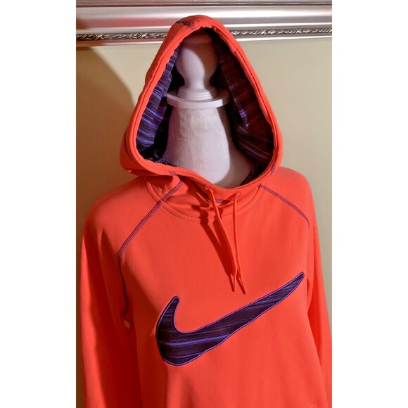 Nike Therma-Fit Womens Size M Neon Orange Swoosh Logo Hooded Pullover Sweatshirt - Picture 2 of 12